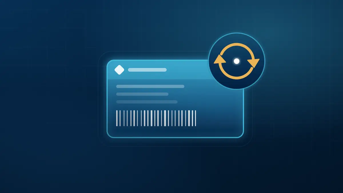 Boleto digital com código de barras e setas circulares douradas indicando o redirecionamento automático do pagamento, sobre fundo azul