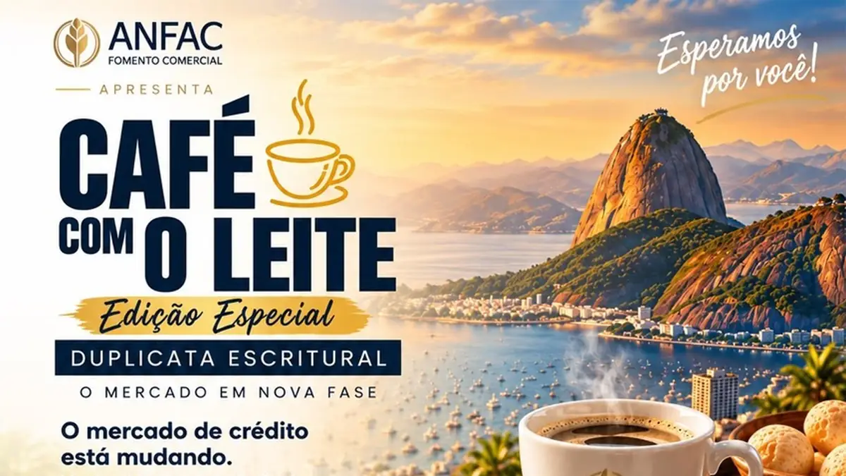 Arte de divulgação do Café com o Leite, edição especial sobre duplicata escritural, com a baía de Botafogo e o Pão de Açúcar ao fundo e uma xícara de café em primeiro plano