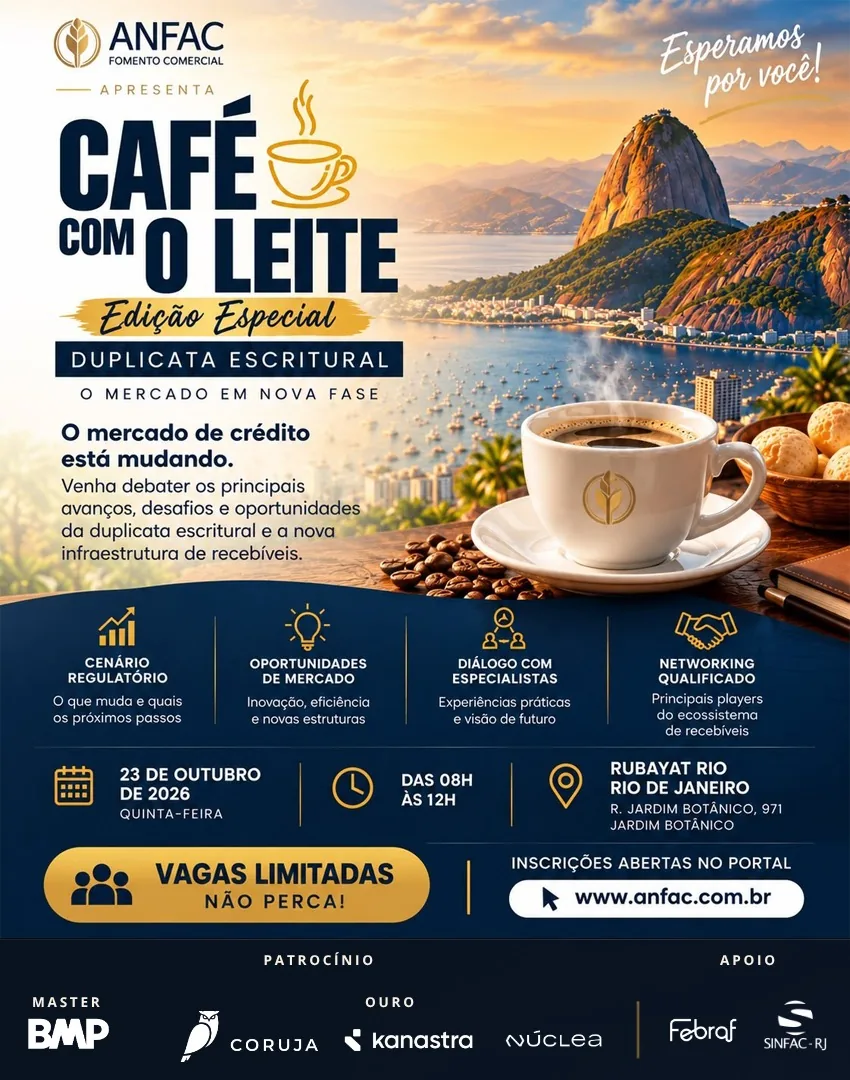 Cartaz do Café com o Leite, edição especial sobre duplicata escritural: 23 de outubro de 2026, das 08h às 12h, no Rubayat Rio, no Jardim Botânico. Vagas limitadas.