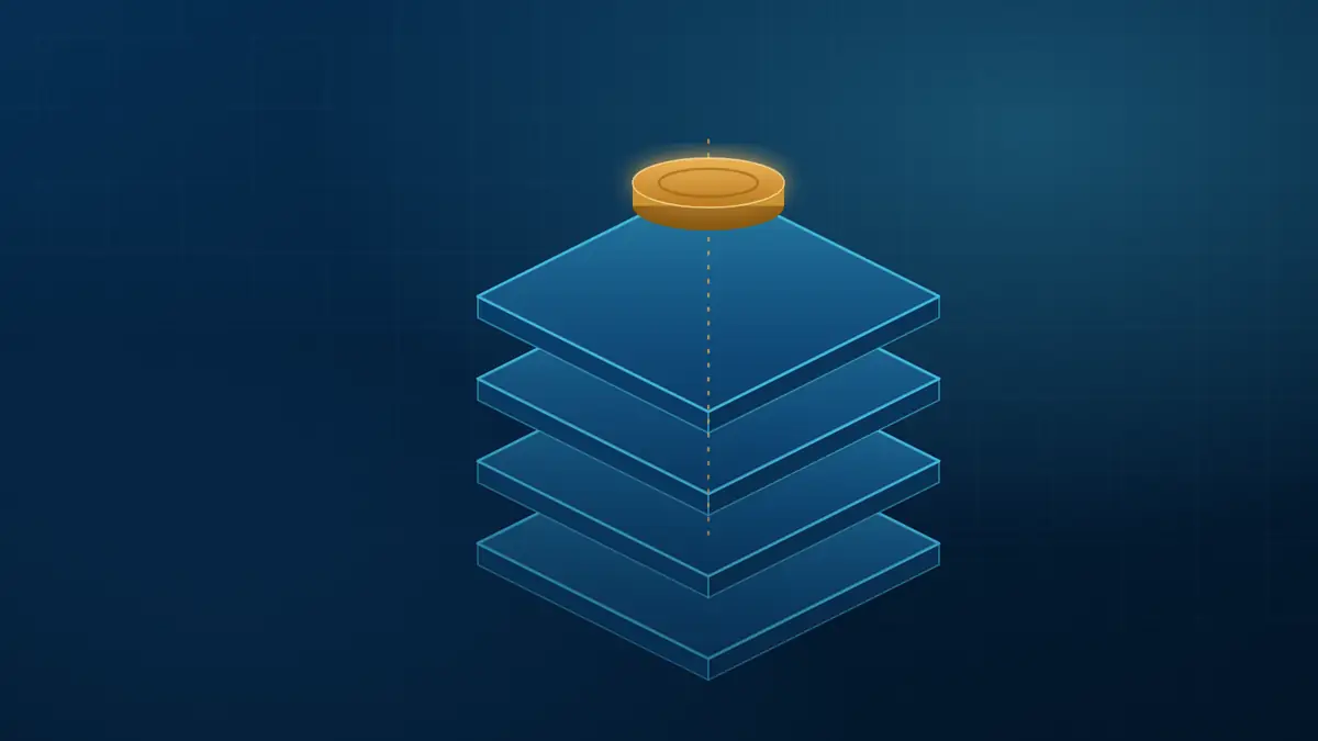 Pilha de camadas translúcidas com uma moeda dourada no topo, representando um fundo de investimento em direitos creditórios
