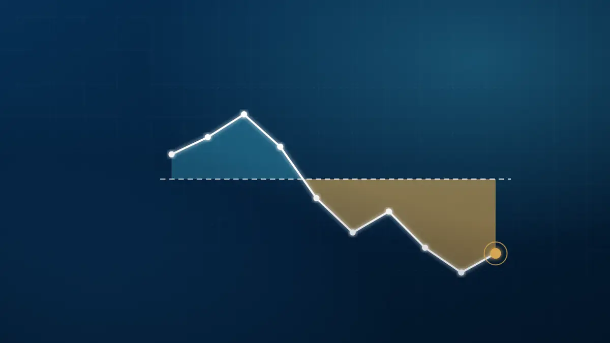 Gráfico de linha cruzando a linha de zero, com a área abaixo dela em dourado para representar o déficit das contas públicas