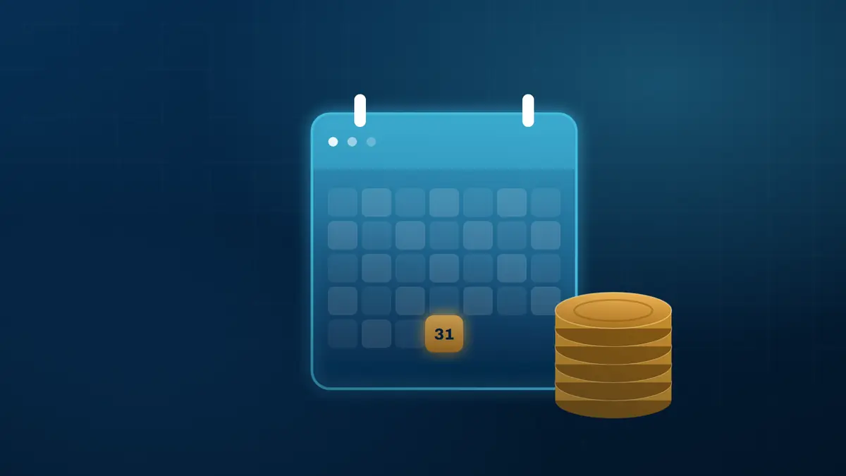 Calendário com o último dia do ano destacado em dourado e uma pilha de moedas, ilustrando o prazo para distribuir lucros