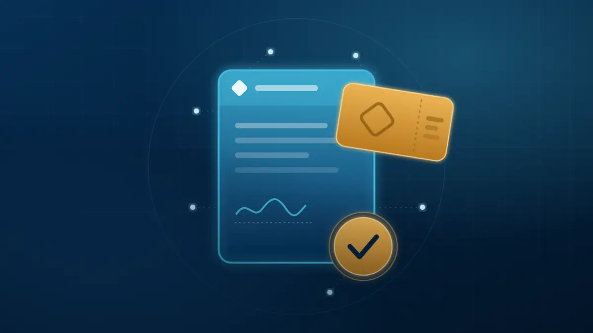 Documento digital com selo de verificação dourado e um ingresso, representando o evento sobre duplicata escritural