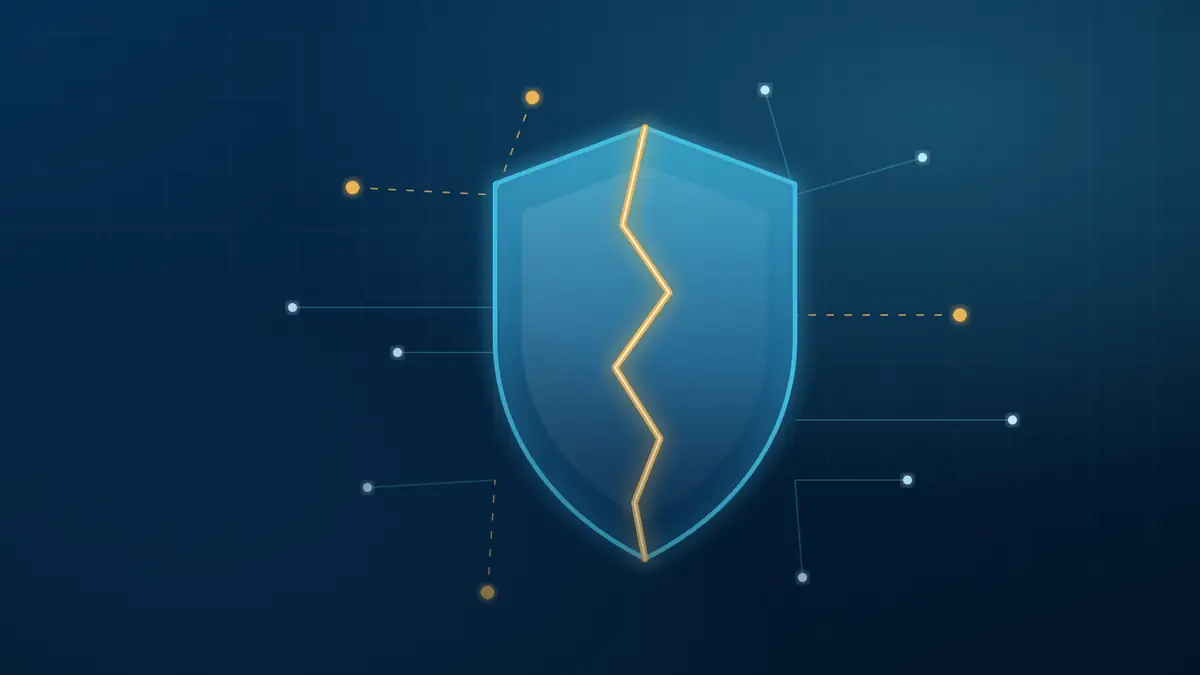 Escudo de segurança digital rachado sobre uma rede de pontos conectados, em tons de azul e dourado