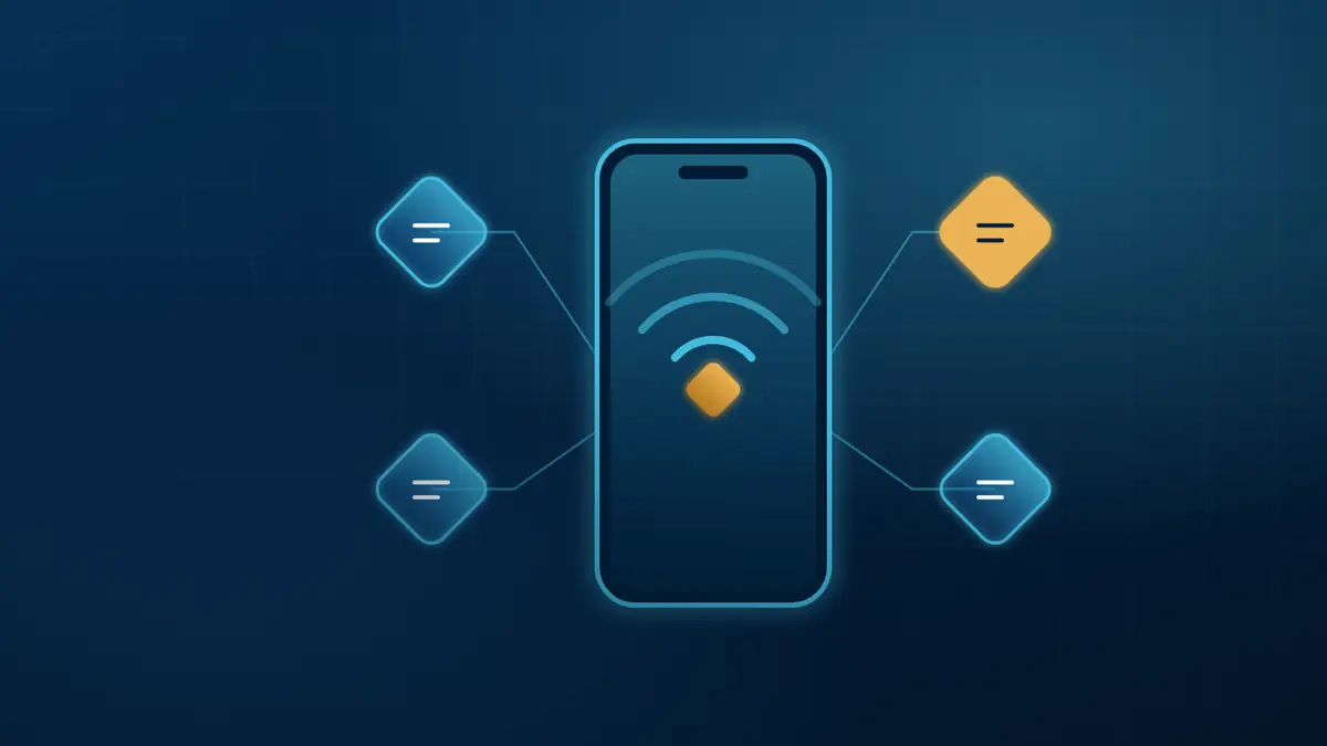 Celular com ondas de pagamento por aproximação e quatro módulos conectados, representando as novas funcionalidades do Pix